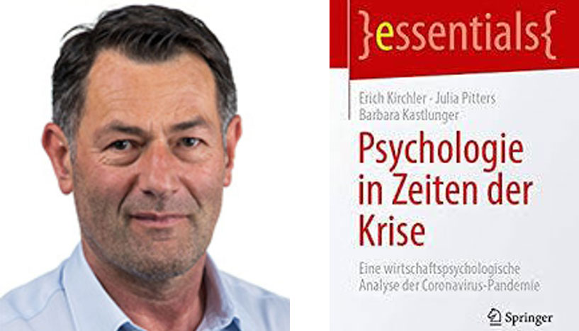 Portrait Erich Kirchler und Cover des Buchs "Psychologie in Zeiten der Krise"